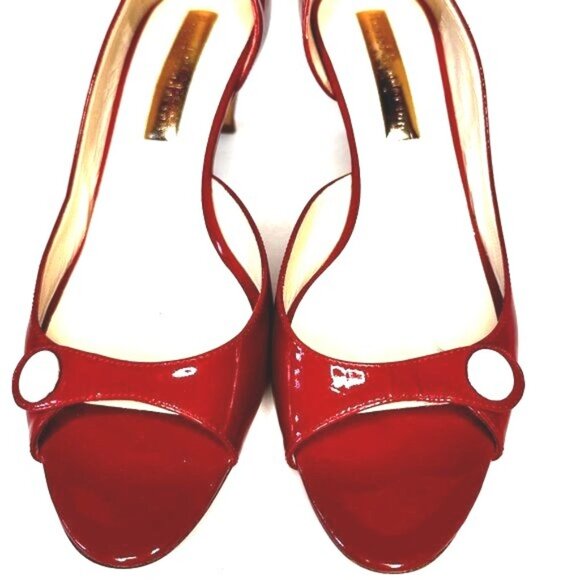 Rupert Sanderson Women Red Patent Leather Peep Toe Kitten Heel Pumps Sz 8 M EUC - Picture 5 of 10